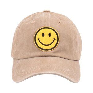 Tan Baseball Cap with Smiley Face Patch Y2K Retro Pop